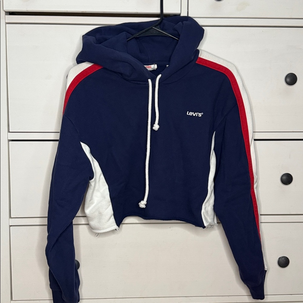 Levi's Blue Hoodie with Red and White Stripes
